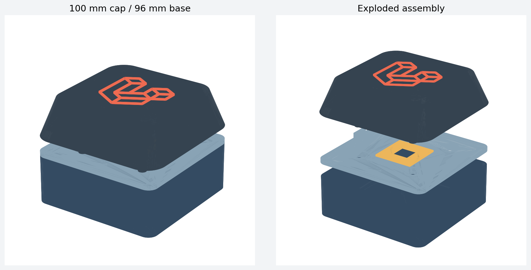 Rendered assembled and exploded views of the 100 millimeter Laravel macro button