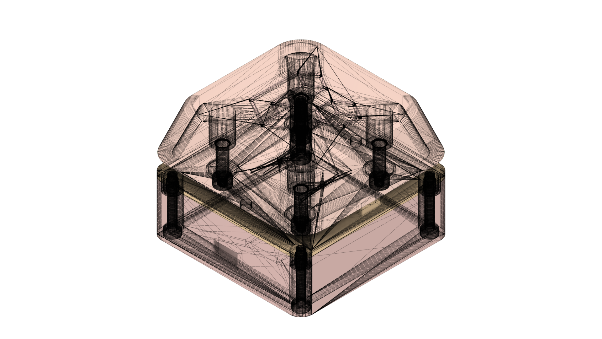 Transparent Fusion 360 cutaway showing the internal guides, switch actuator, lid, and bottom-up enclosure screws