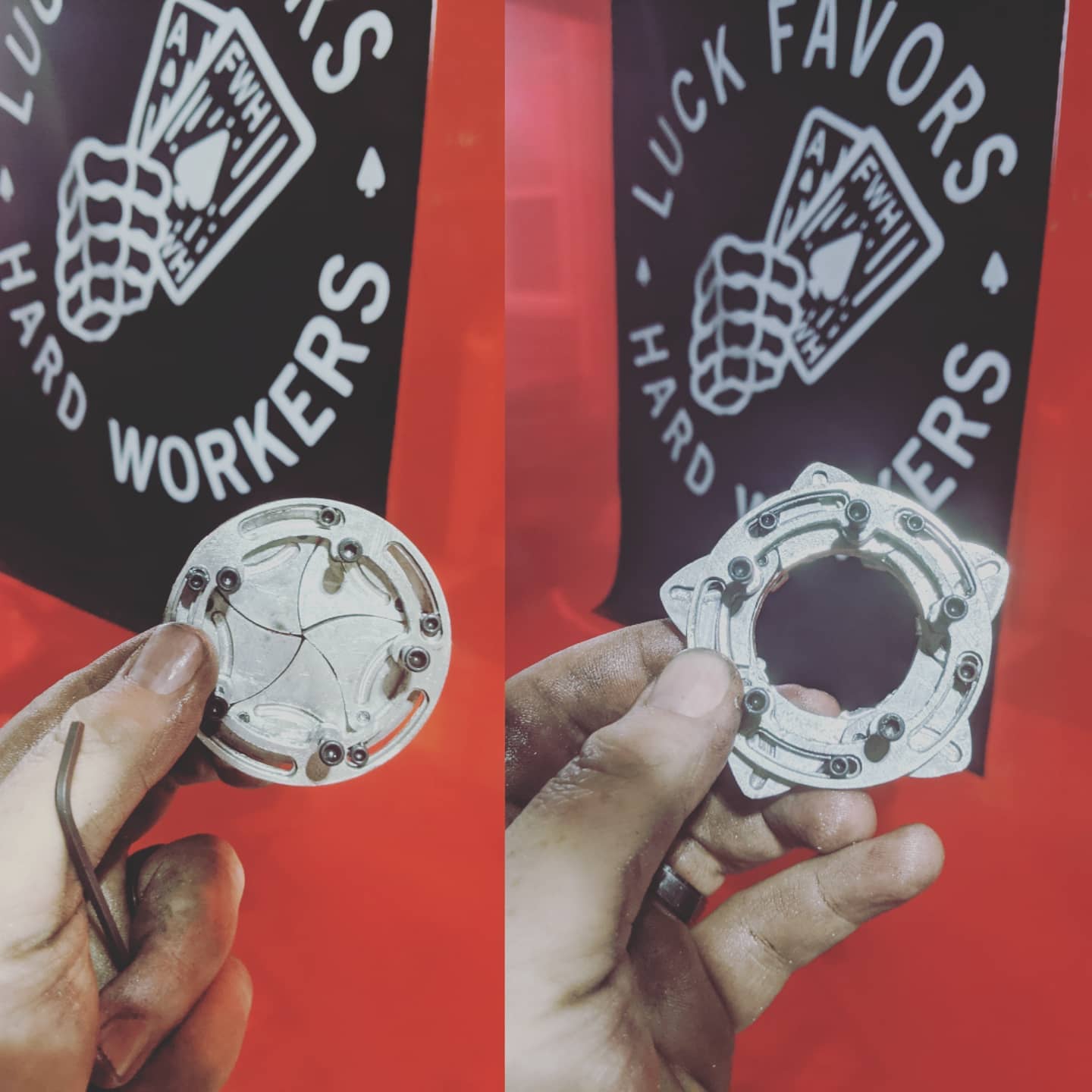 A rotating iris gas-cap prototype held in one hand, shown closed on the left and open on the right