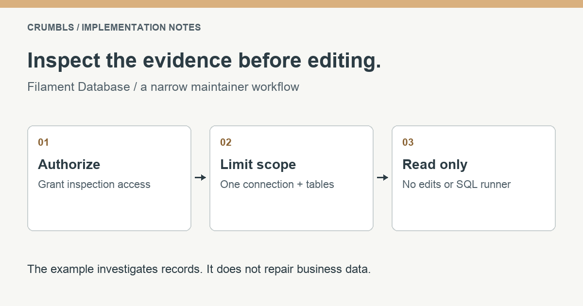 An authorized maintainer views a limited set of database tables without enabling row edits or a SQL runner.